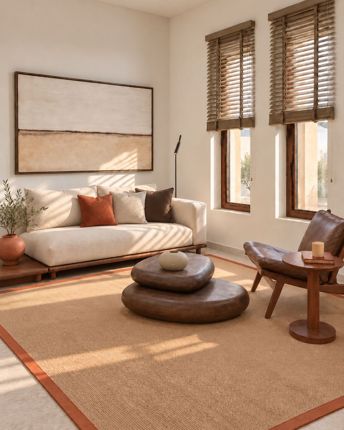 A living room with a sofa, a round wooden coffee table, a leather armchair, and a small side table with a candle.