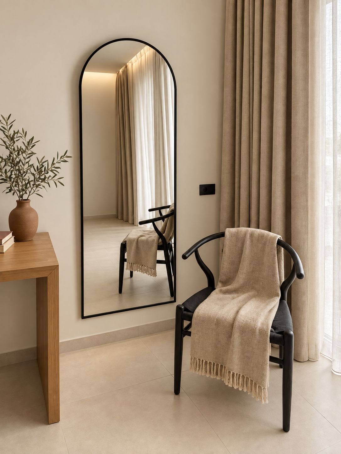Ein Zimmer mit einem Holztisch, einem Stuhl mit beiger Decke, einem großen Spiegel und einem Fenster mit Vorhängen.