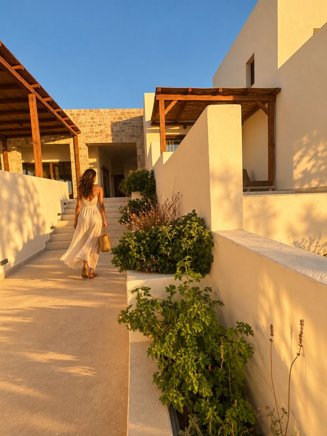 A pathway leading to a building with stone walls and wooden beams, surrounded by greenery.
