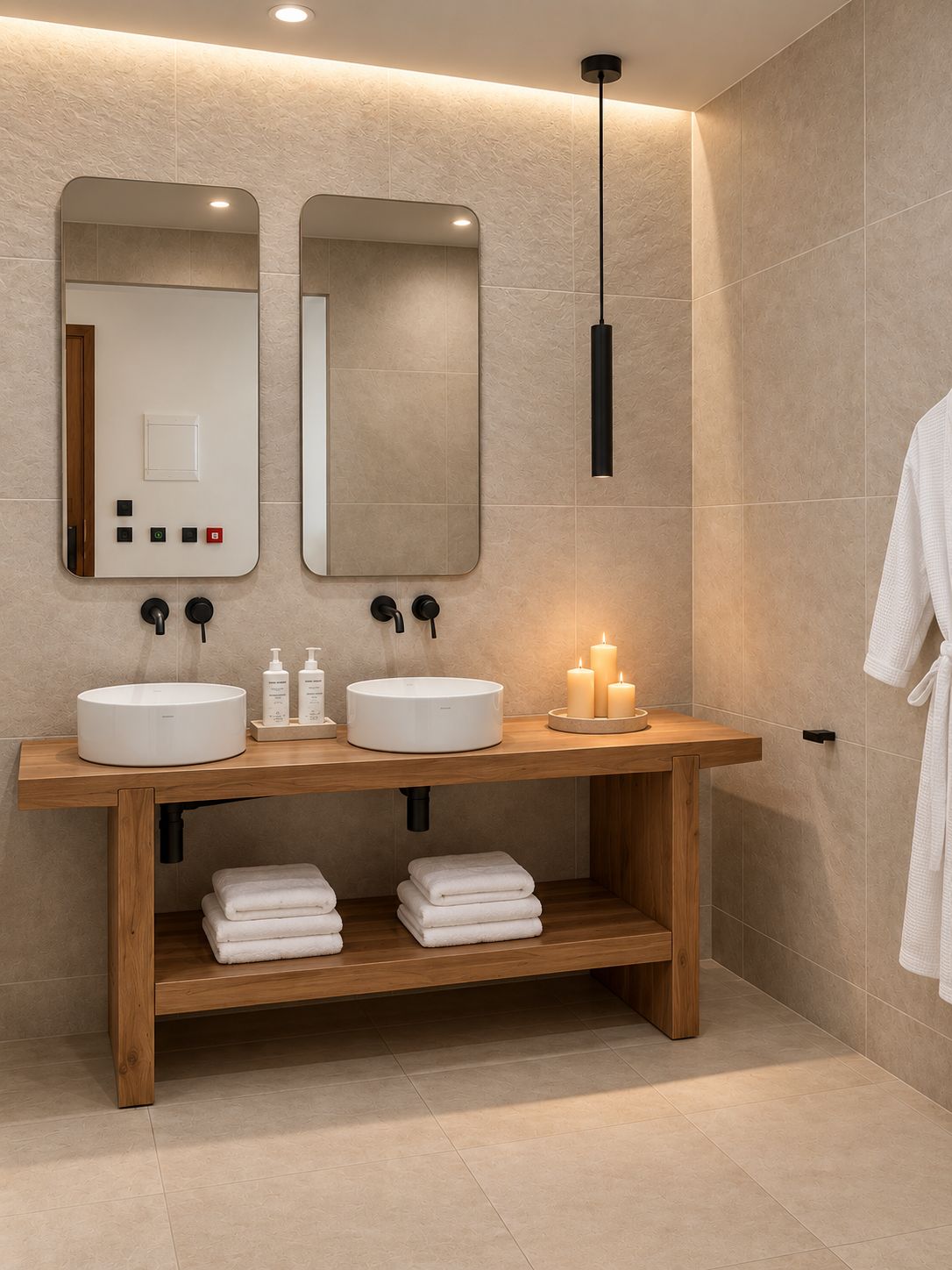 A modern bathroom with two sinks, a mirror, a hanging light, and a towel rack.