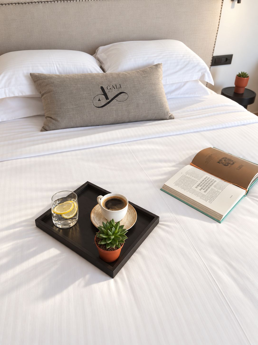 A neatly made bed with a pillow, a tray with a cup of coffee, a glass of water with lemon, a small potted plant, and an open book.