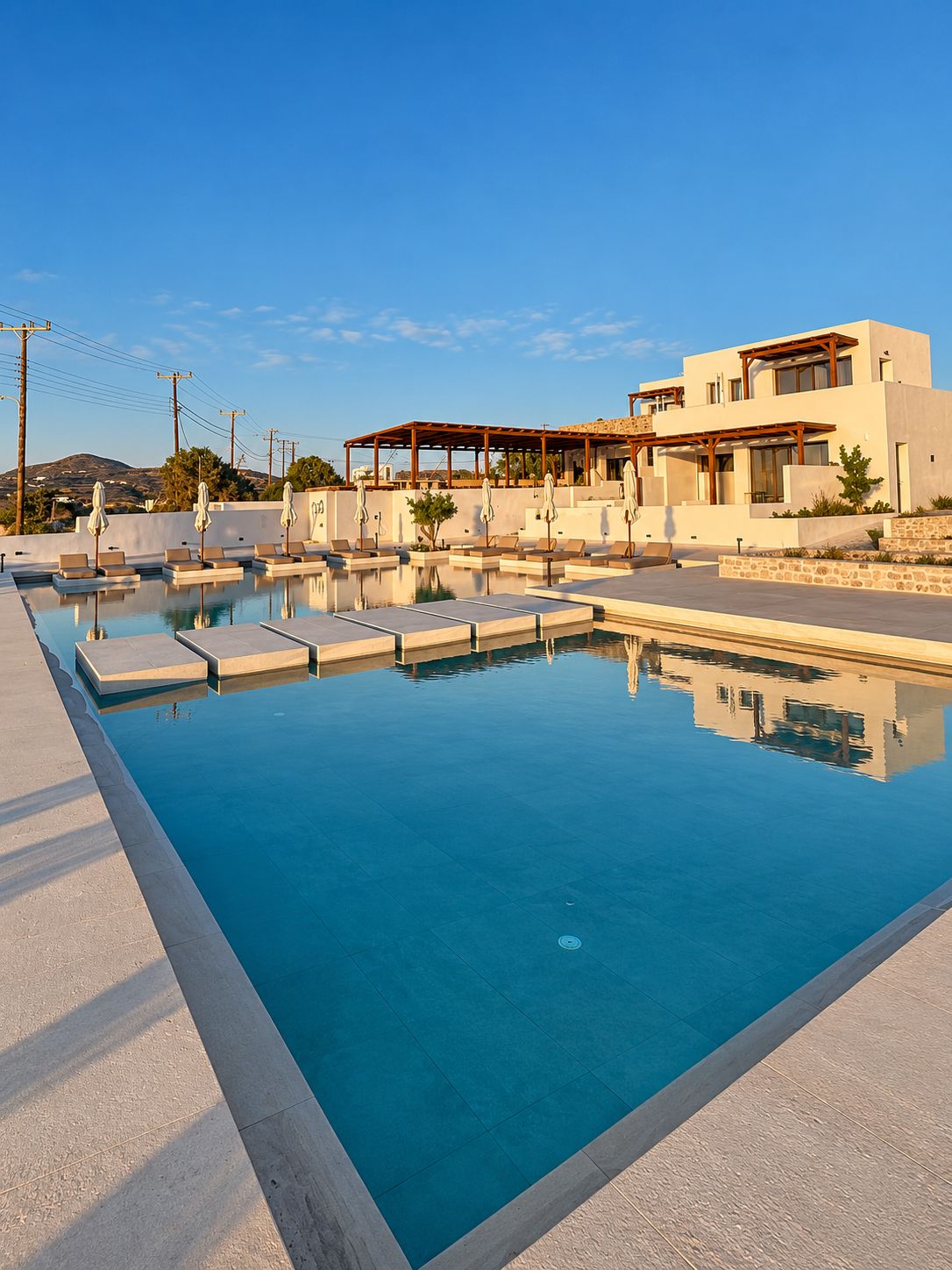 Una piscina con lettini e ombrelloni, un edificio moderno con veranda coperta e un cielo sereno.