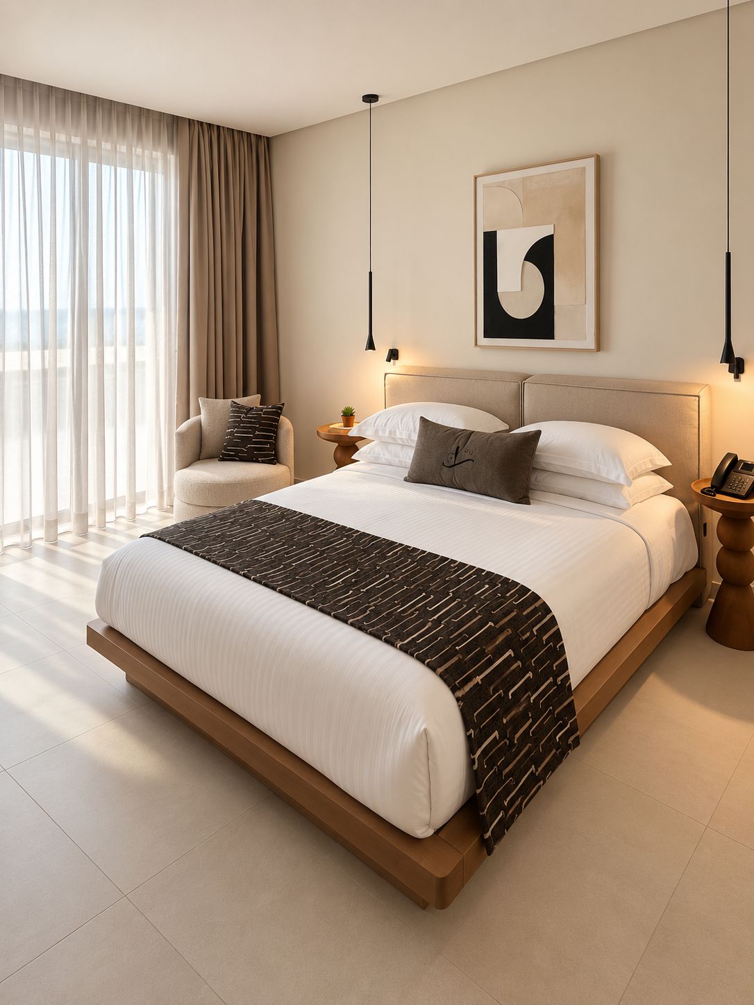A modern hotel room with a large bed, a bedside table, a chair, and a view of the outdoors.