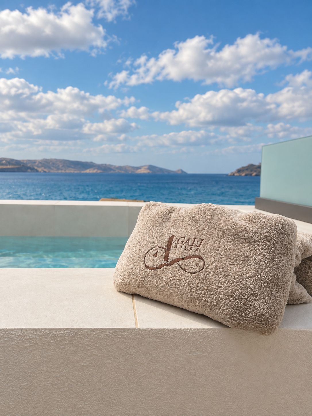 A towel with a logo on a poolside.