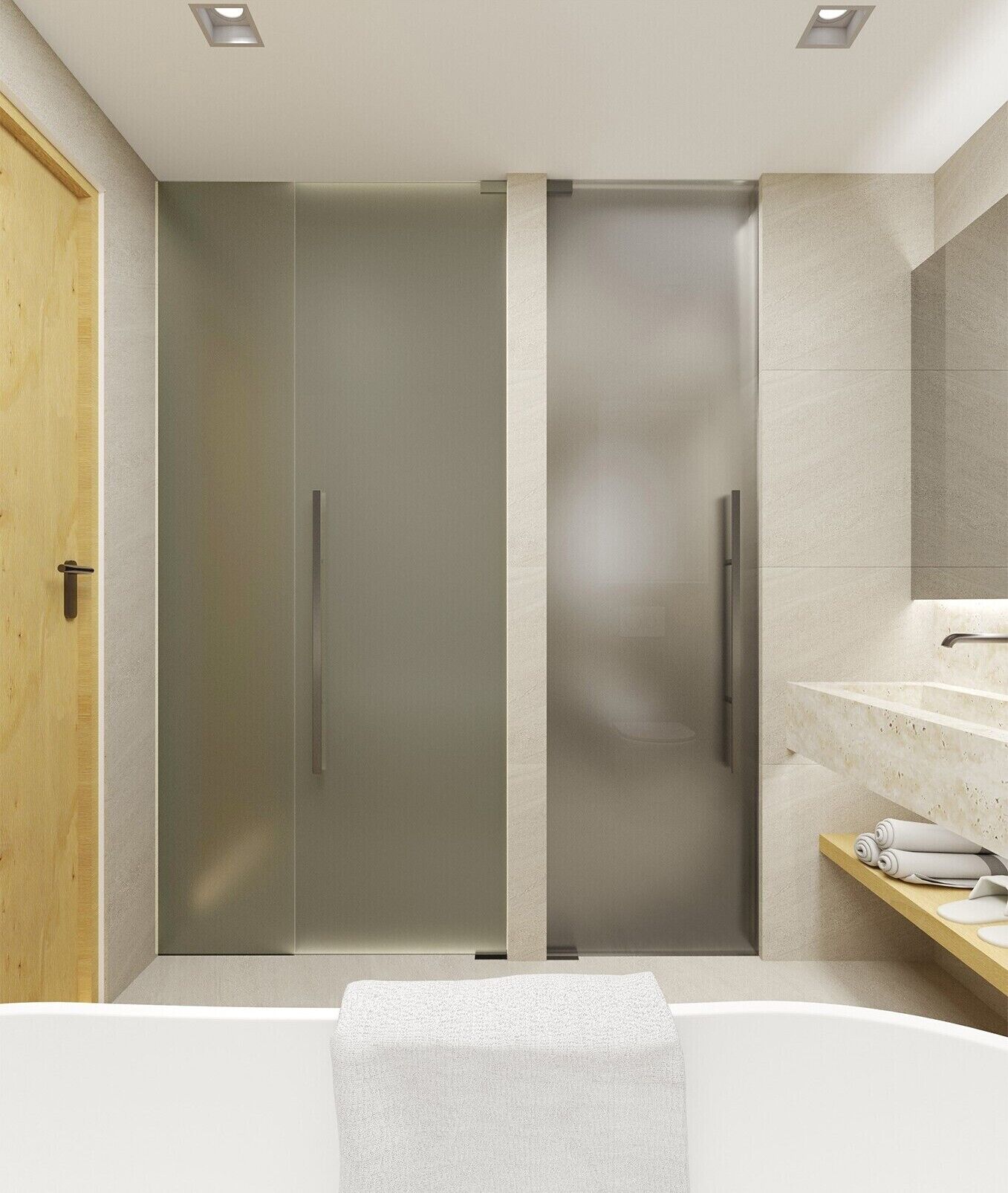 A modern bathroom with a glass-enclosed shower, a wooden door, and a white bathtub.