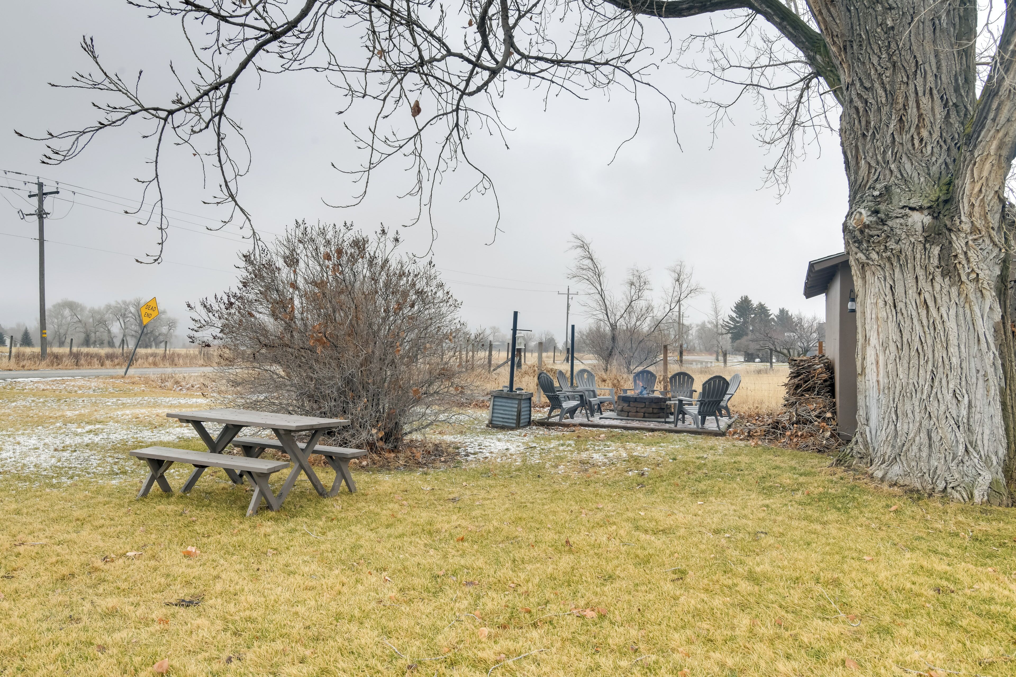 A picnic area with a table and chairs, a tree, and a building in the background.