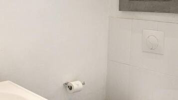 A bathroom with a toilet, sink, and a wall-mounted rose decoration.