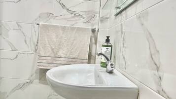 Shower, towels, soap, toilet paper