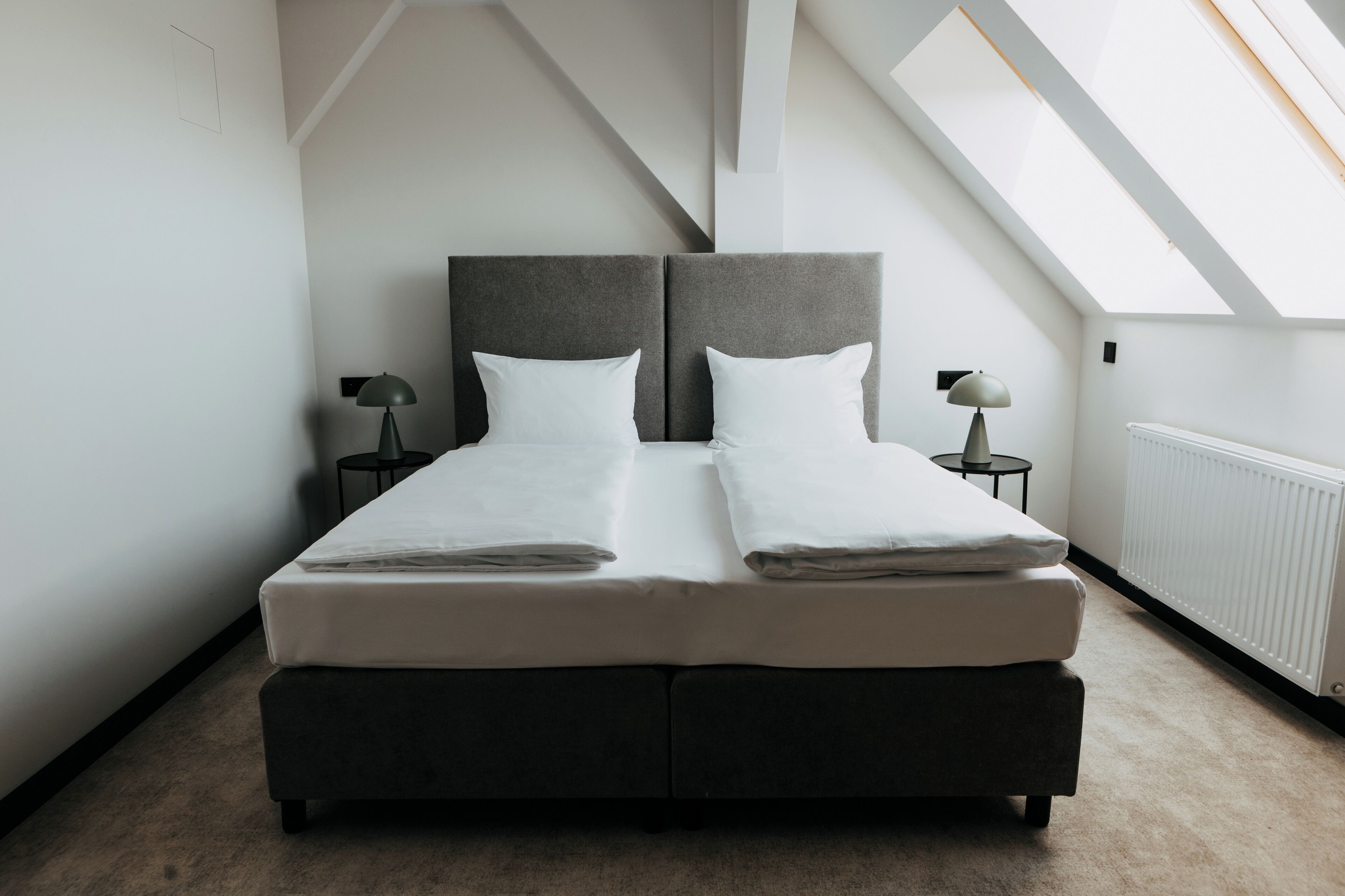 A modern bedroom with a large bed, skylight, and a radiator.