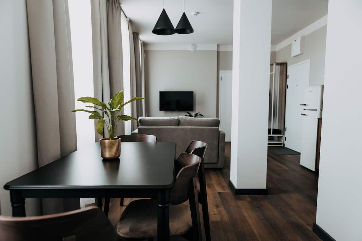 A modern living room with a dining table, chairs, a sofa, a TV, and a plant.