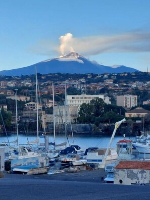 Ein Yachthafen mit vor Anker liegenden Booten, ein Berg im Hintergrund und Gebäude entlang des Ufers.