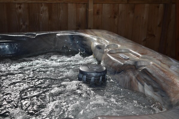 Un jacuzzi con calentador integrado, rodeado de paredes de madera.