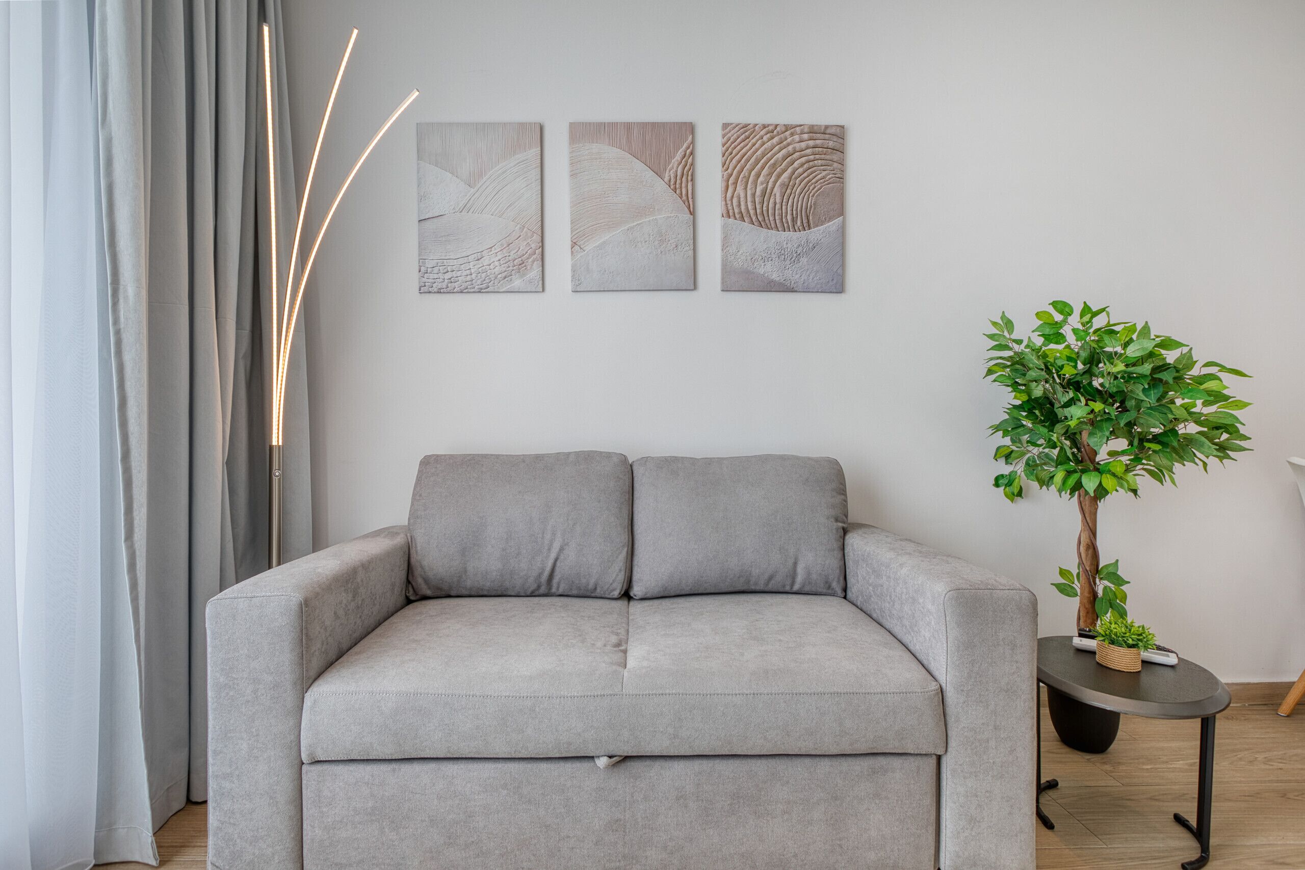 Un salon moderne avec un canapé gris, des œuvres d’art abstraites accrochées au mur, une grande plante et un lampadaire.