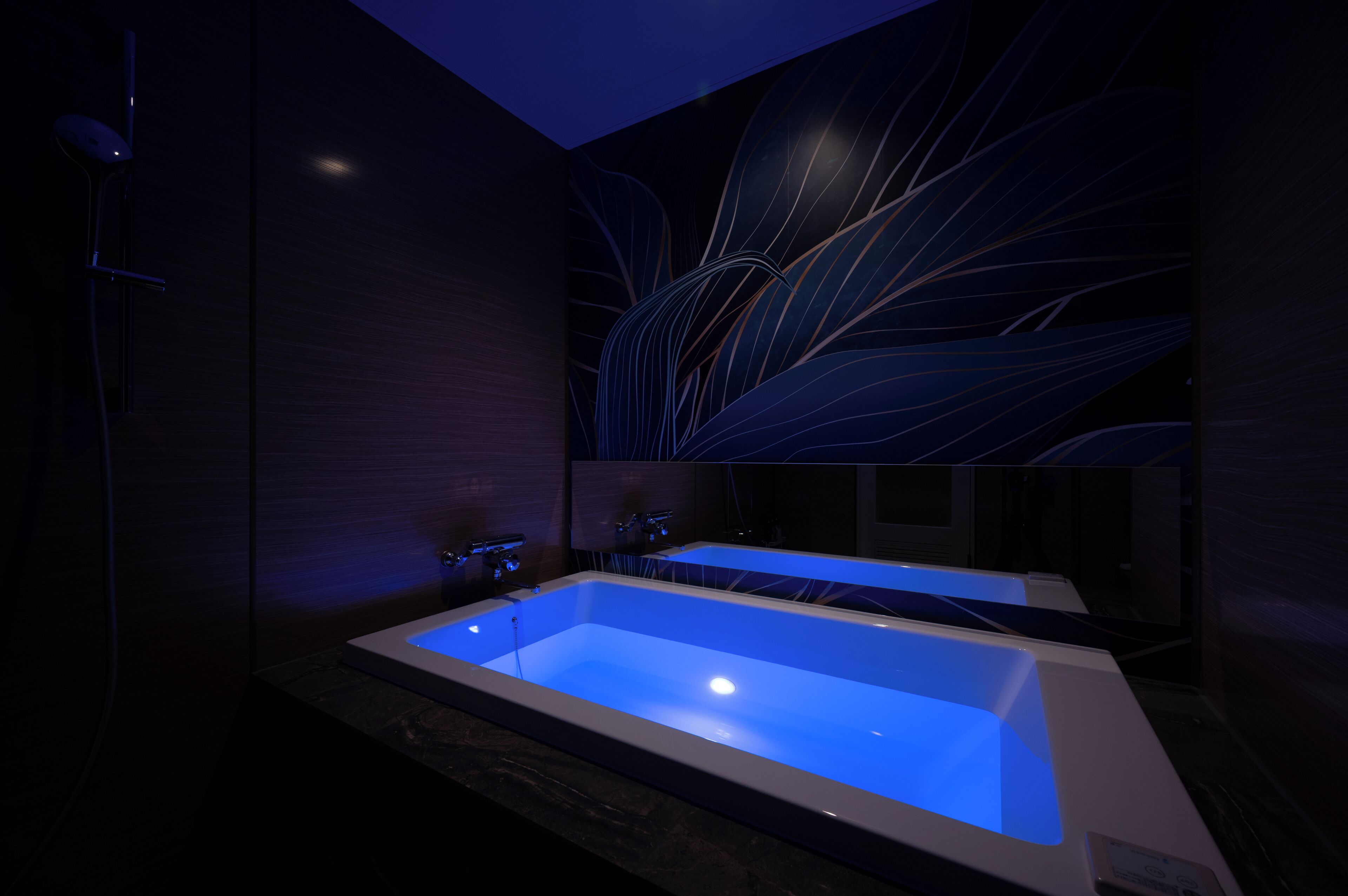 A modern bathroom with a rectangular bathtub, a large mirror, and a wall with a leaf-like design.
