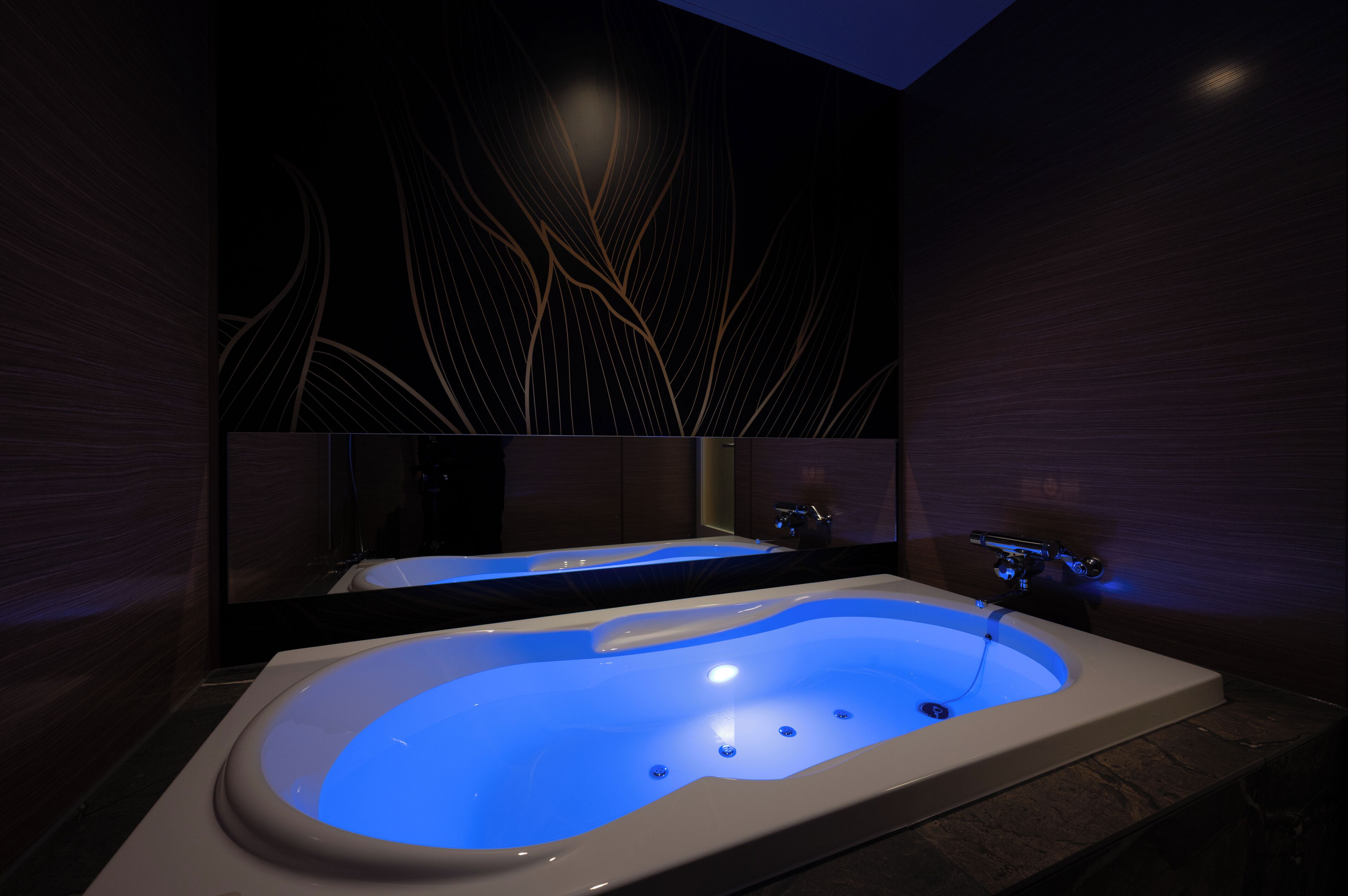 A modern bathroom with a large bathtub, a mirror, and a wall with a leaf pattern.