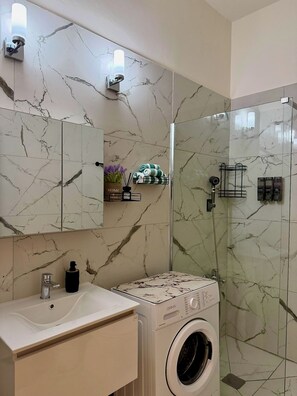 Douche, séchoir à cheveux, serviettes fournies, papier de toilette