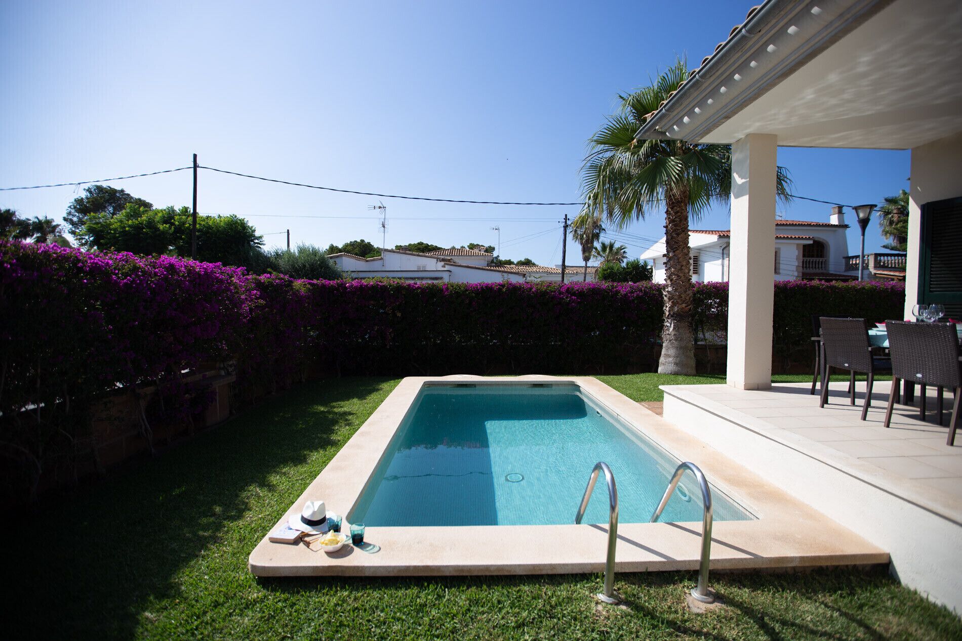 A rectangular swimming pool with a metal ladder, surrounded by a well-maintained lawn and purple flowering bushes.