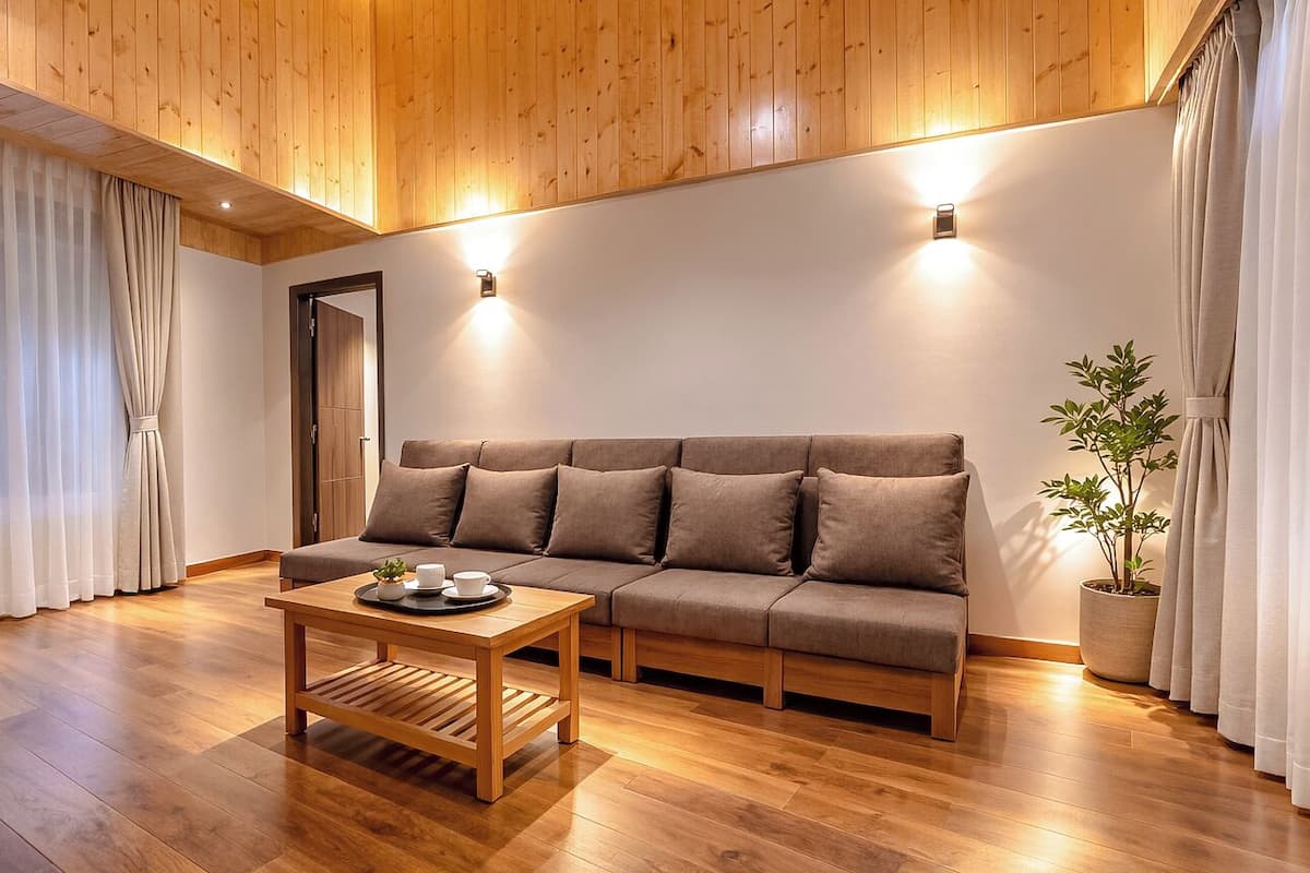 Una sala de estar moderna con techo de madera, un sofá, una mesa de centro y una planta en maceta.