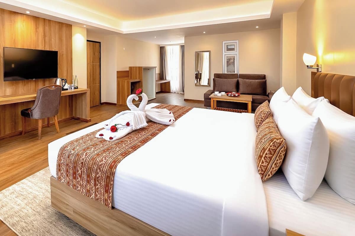 Habitación de hotel con una cama grande, un escritorio, un televisor y un sofá.