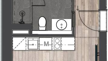A floor plan of a hotel room with a kitchenette, a bathroom, a seating area with a pool, and a small outdoor seating space.