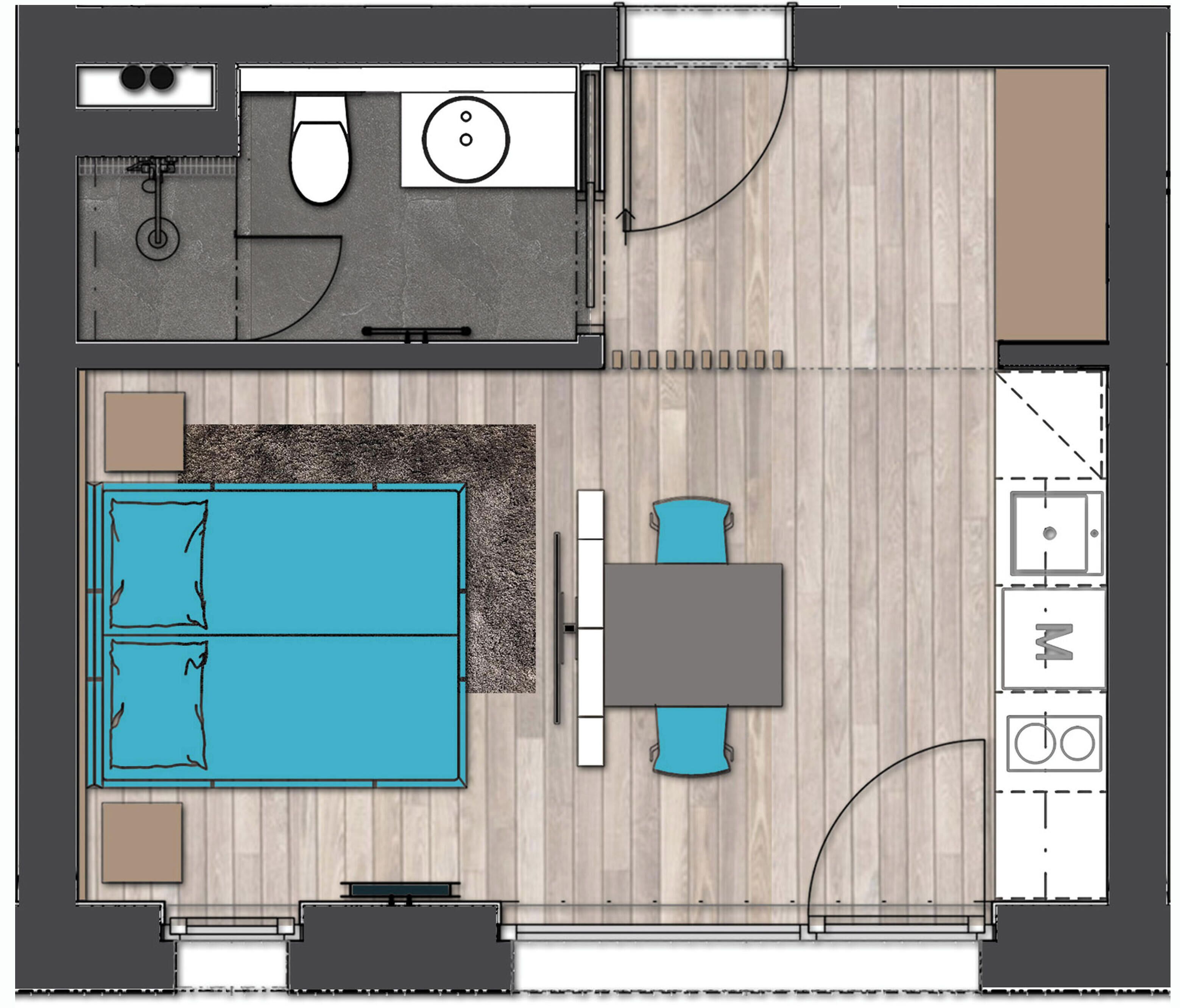 A floor plan of a hotel room with a kitchenette, a bathroom, a living area with a pool, and a dining area.