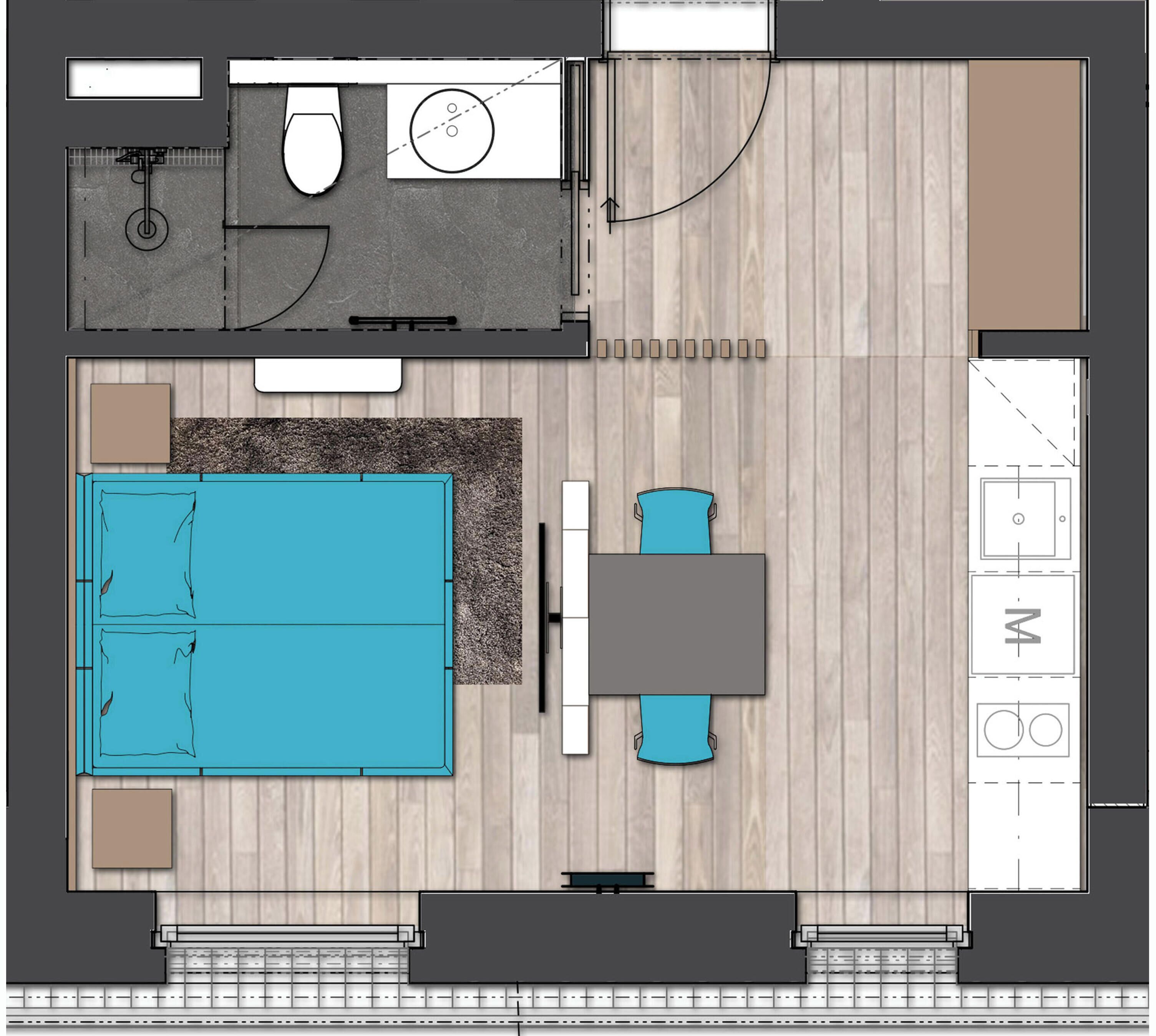 A floor plan of a hotel room with a pool, a dining area, a kitchen, and a bathroom.