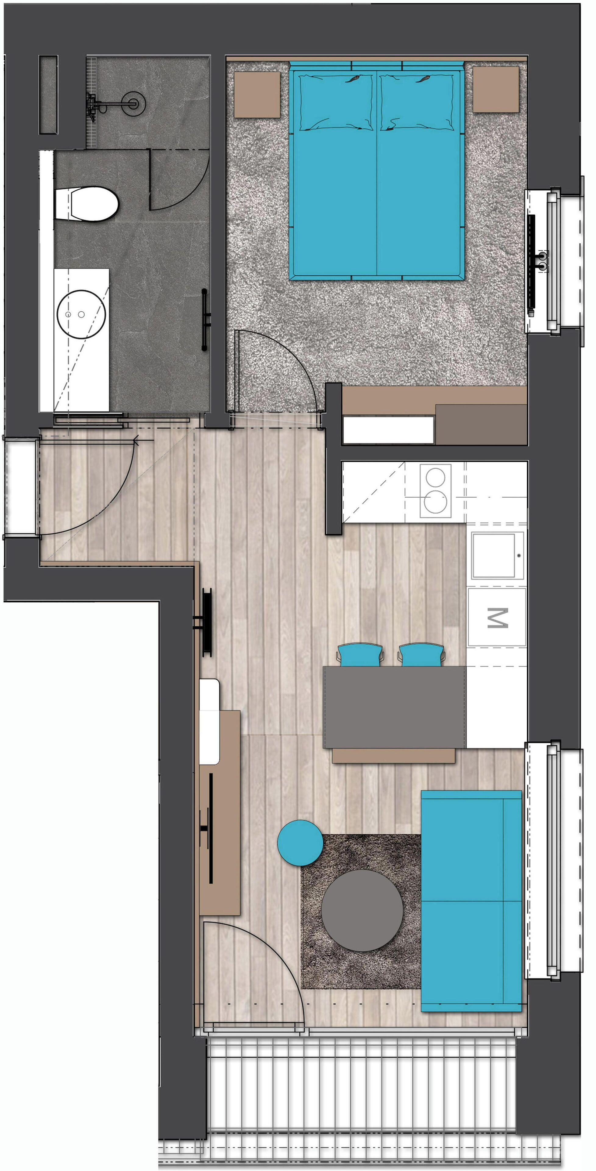 Plano de un cuarto de hotel que incluye un baño, una kitchenette, una zona de estar con piscina y un dormitorio.