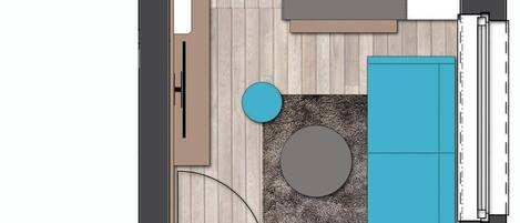 Plano de un cuarto de hotel que incluye un baño, una kitchenette, una zona de estar con piscina y un dormitorio.