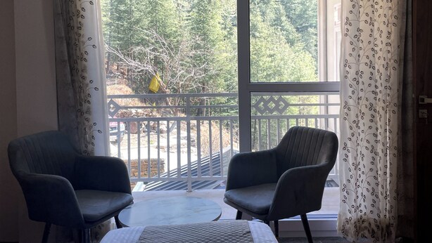 Een kamer met twee stoelen, een tafel, een groot raam met uitzicht op bomen en een balkon.