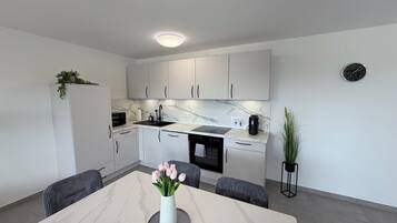 Full-sized fridge, microwave, oven, stovetop