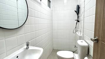 Hair dryer, towels, toilet paper