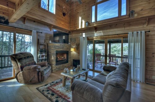 Cabin on Coosawattee River with Game Room, Hot Tub, and Pools. Dog Friendly.