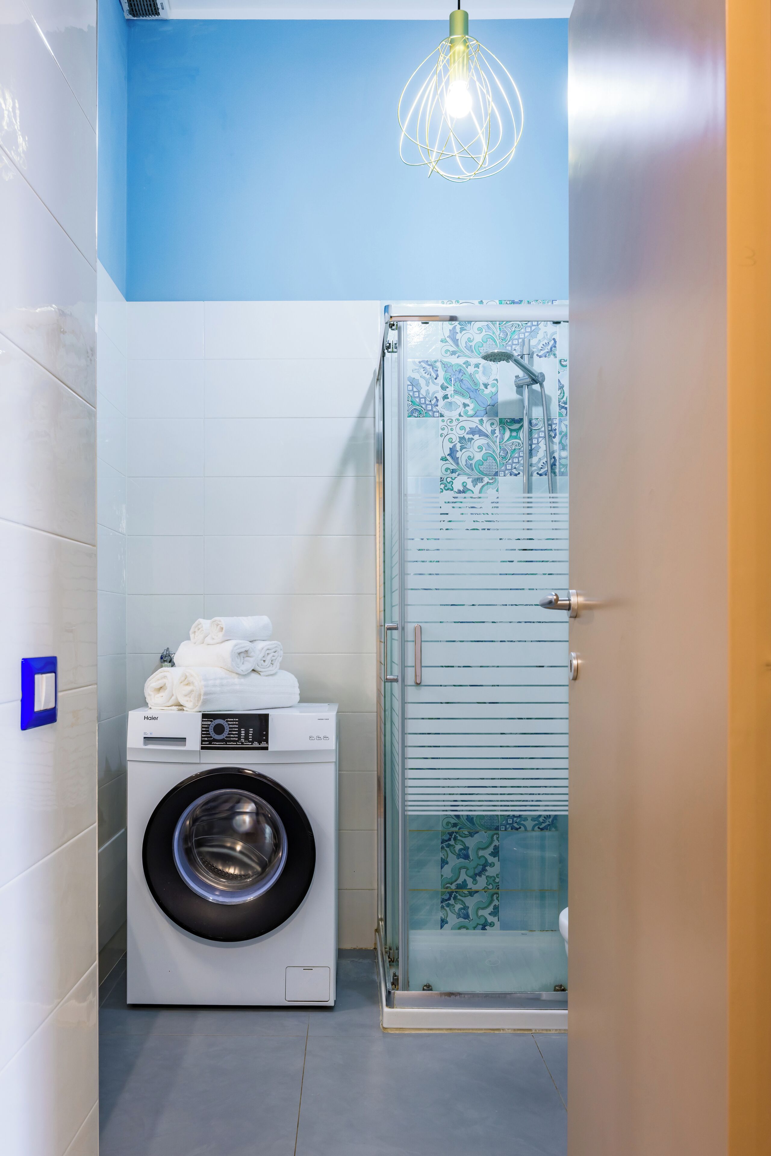 Un espace buanderie compact comprenant un lave-linge, un étendoir et une cabine de douche en verre.