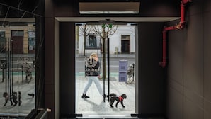 En modern interiör med en reception, en trappa och utsikt över gatan utanför.