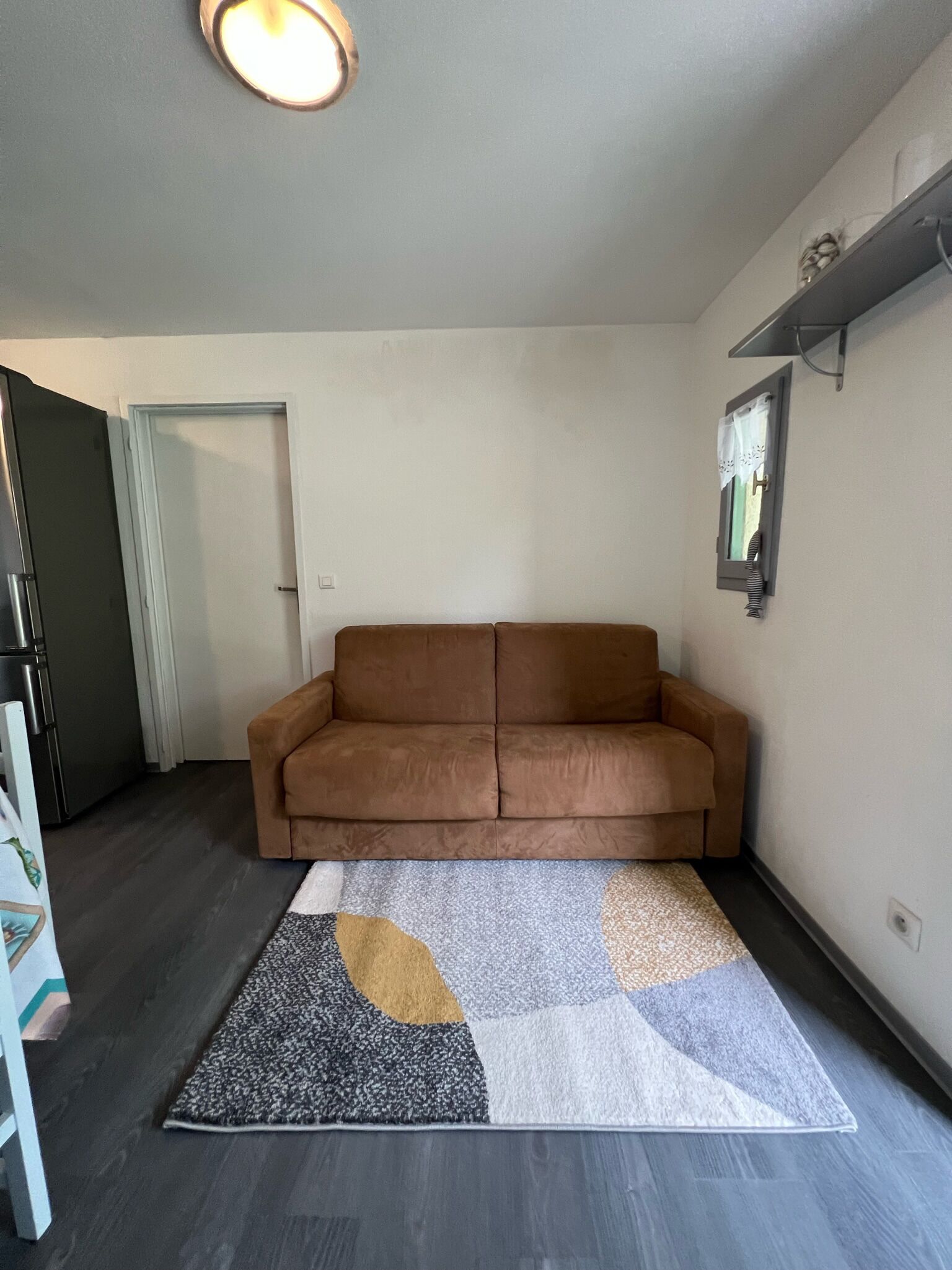 Un salon avec un canapé marron, un tapis à motifs, un luminaire au plafond, une porte et une petite fenêtre avec un rideau.