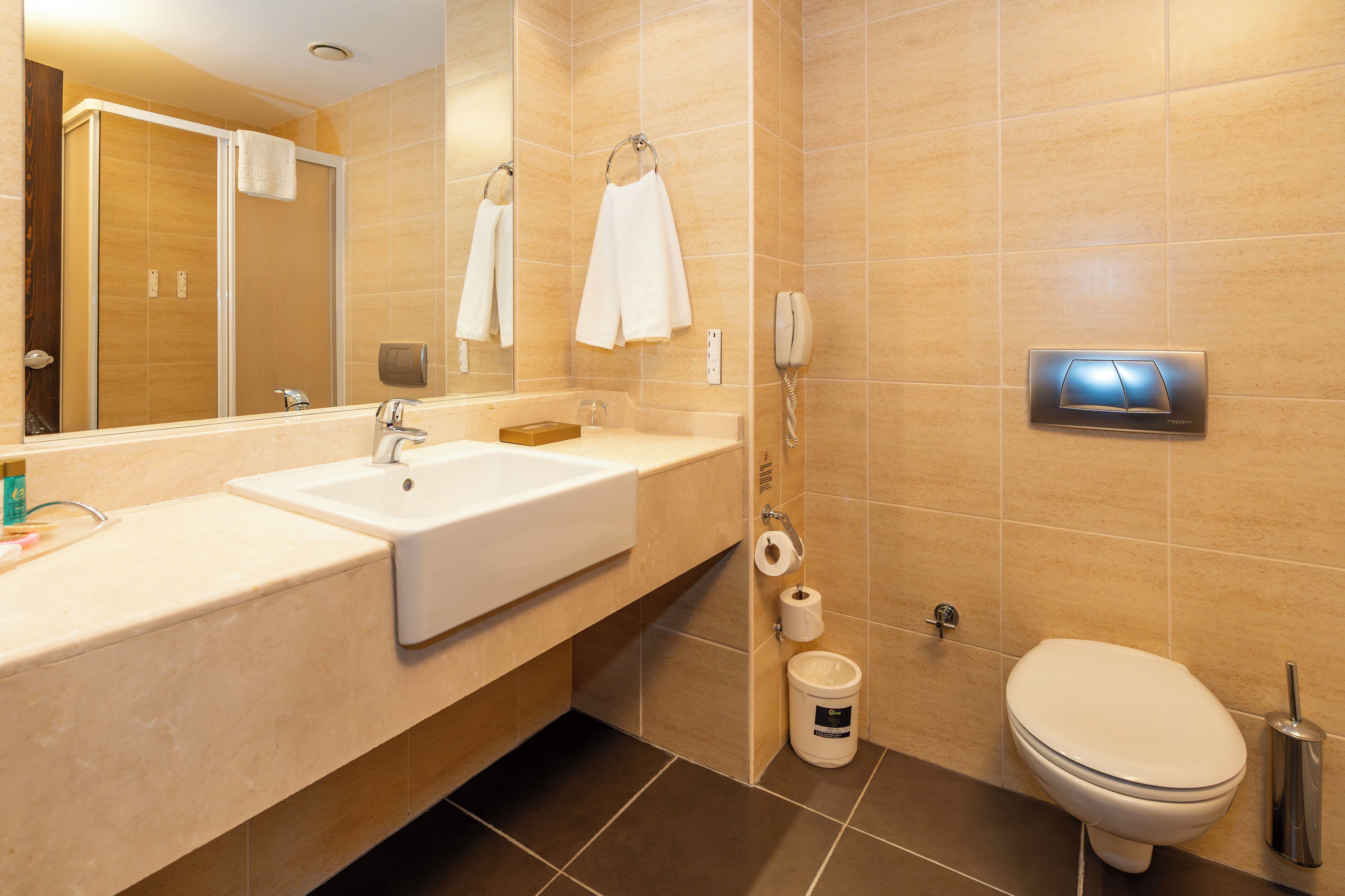 Hair dryer, towels, soap, shampoo