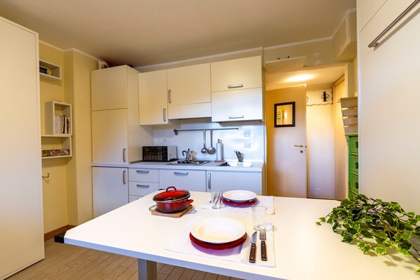 Kühlschrank, Mikrowelle, Herdplatte, Geschirrspüler