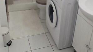 Pieni kylpyhuone, jossa on pyykinpesukone, wc ja seinällä pieni ruukussa oleva kasvi.