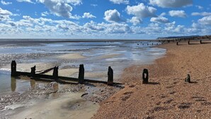 Ein Strand mit Kieselsteinen, einer Holzsteg und einem klaren Himmel.