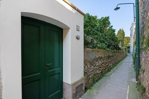 A narrow street with a green door, a stone wall, and a street lamp.