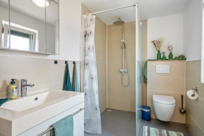 Shower, hair dryer, towels