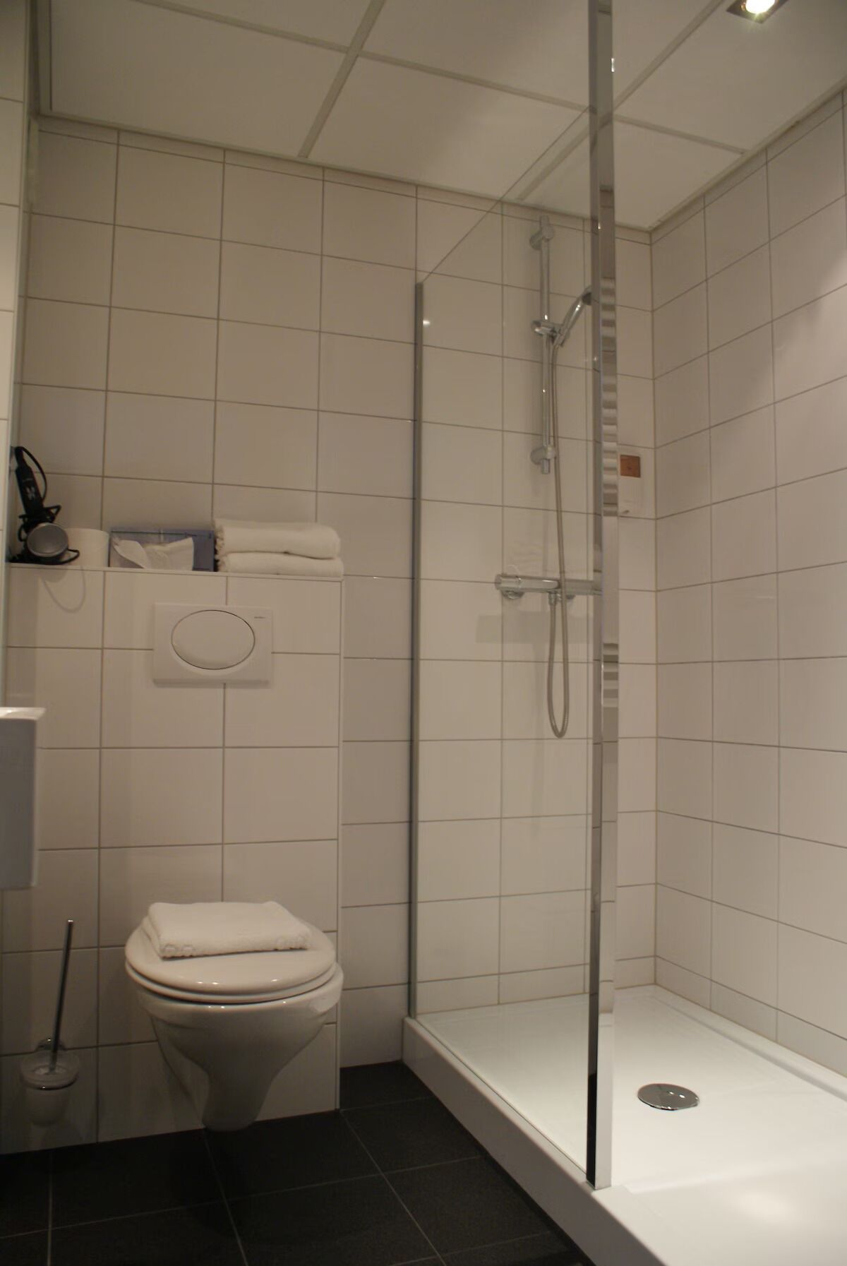 Een moderne badkamer met toilet, douchecabine en handdoekhouder.