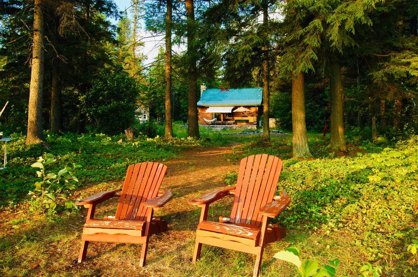 Two wooden Adirondack chairs facing a rustic cabin with a blue roof, surrounded by a forested area.