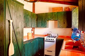 Une cuisine rustique avec des meubles en bois, un poêle et un évier.