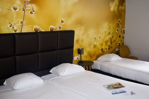 Drift into comfortable sleep in bright twin beds and cozy lighting.