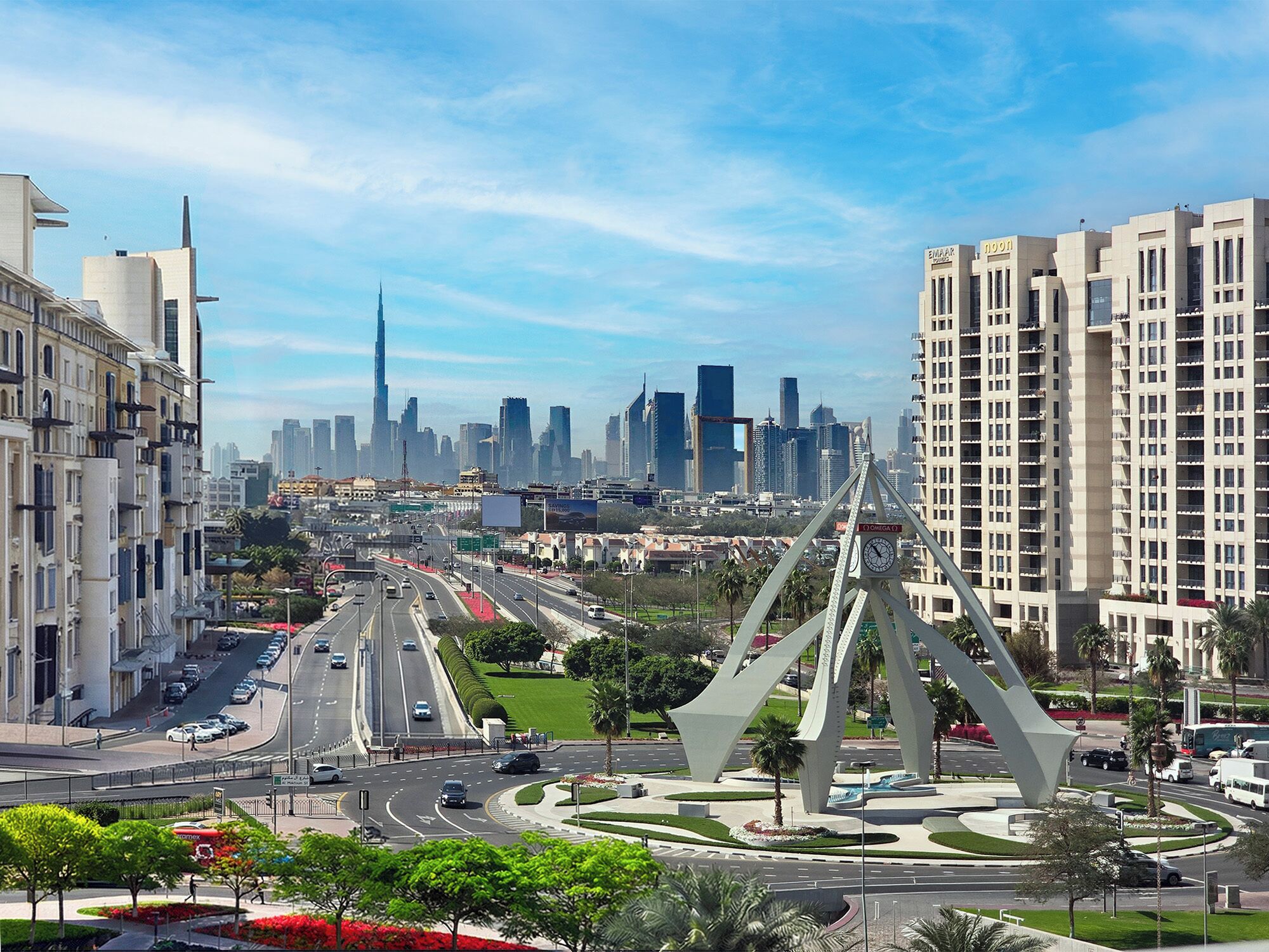 A cityscape with modern architecture, a prominent bridge, and a skyline with high-rise buildings.