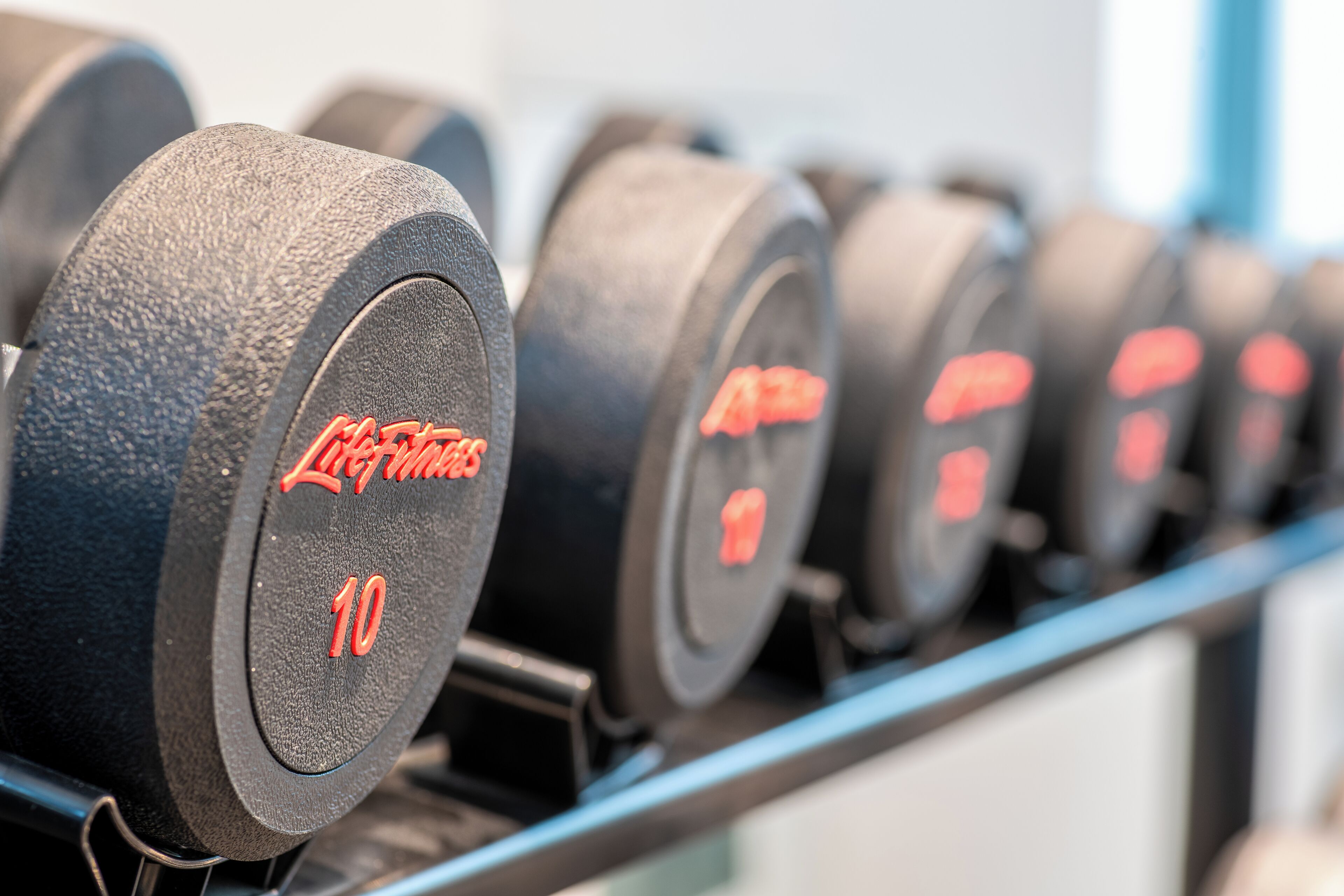 A row of dumbbells with weight markings.