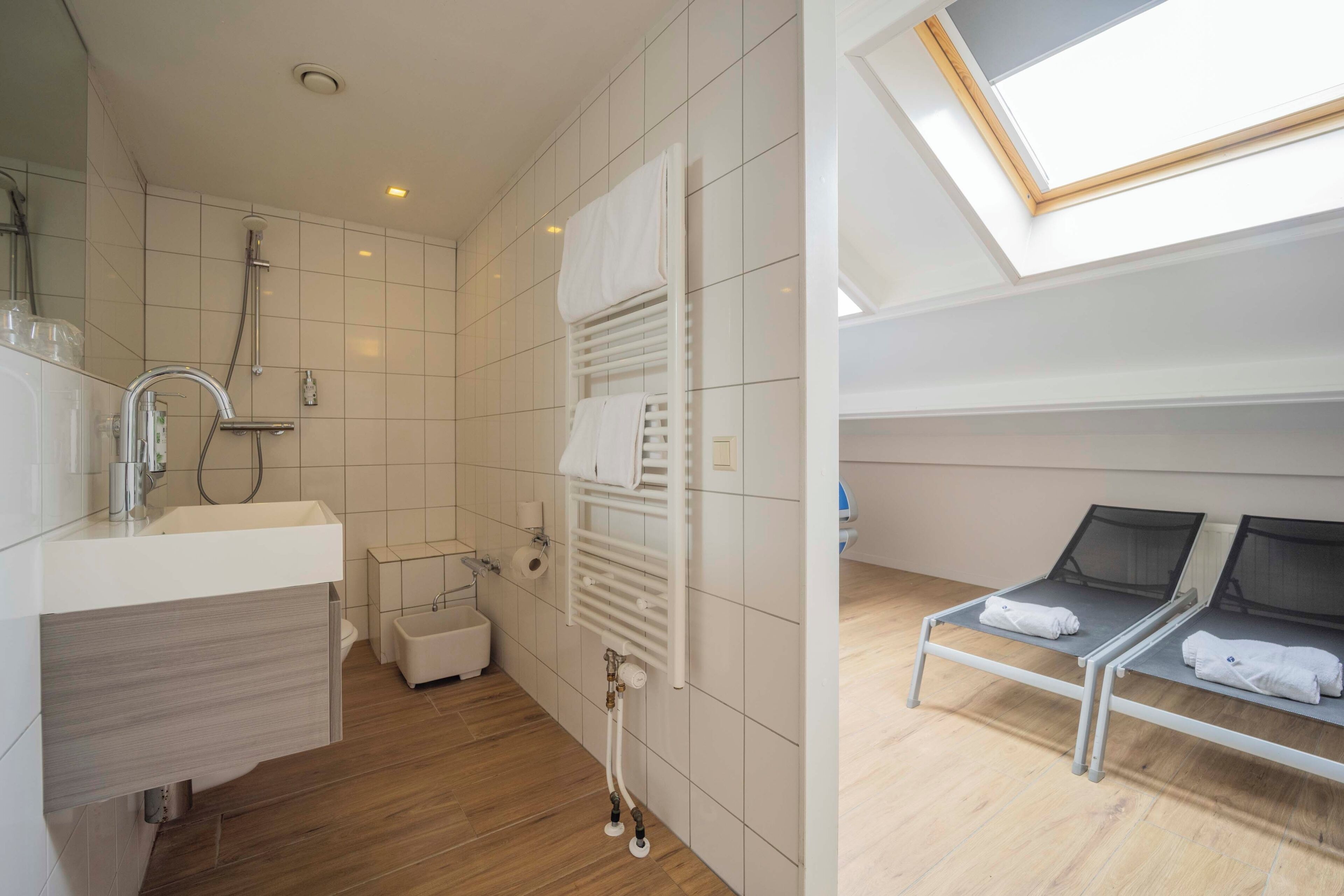 A modern bathroom with a shower, sink, and a skylight above a sunbed area.
