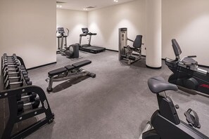 A gym with treadmills, weight machines, and dumbbells. - Stylish Forest-Edge Home — Convenient Trail Access, Kitchenette, & Free Parking (Oisterwijk)