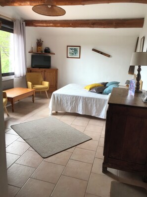 Une chambre à coucher avec un lit, une chaise en bois, une petite table, un téléviseur et une lampe.
